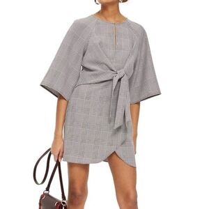 Topshop Gray Plaid Tie-Waist Mini Dress